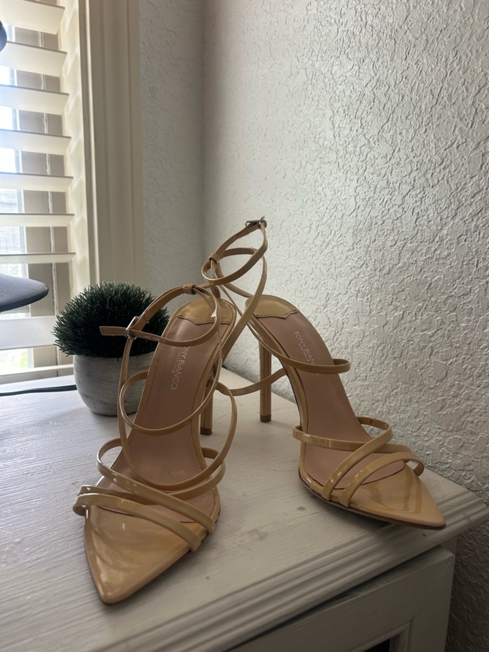 Tony Bianco Nude Patent Strappy Pointed-Toe Heels